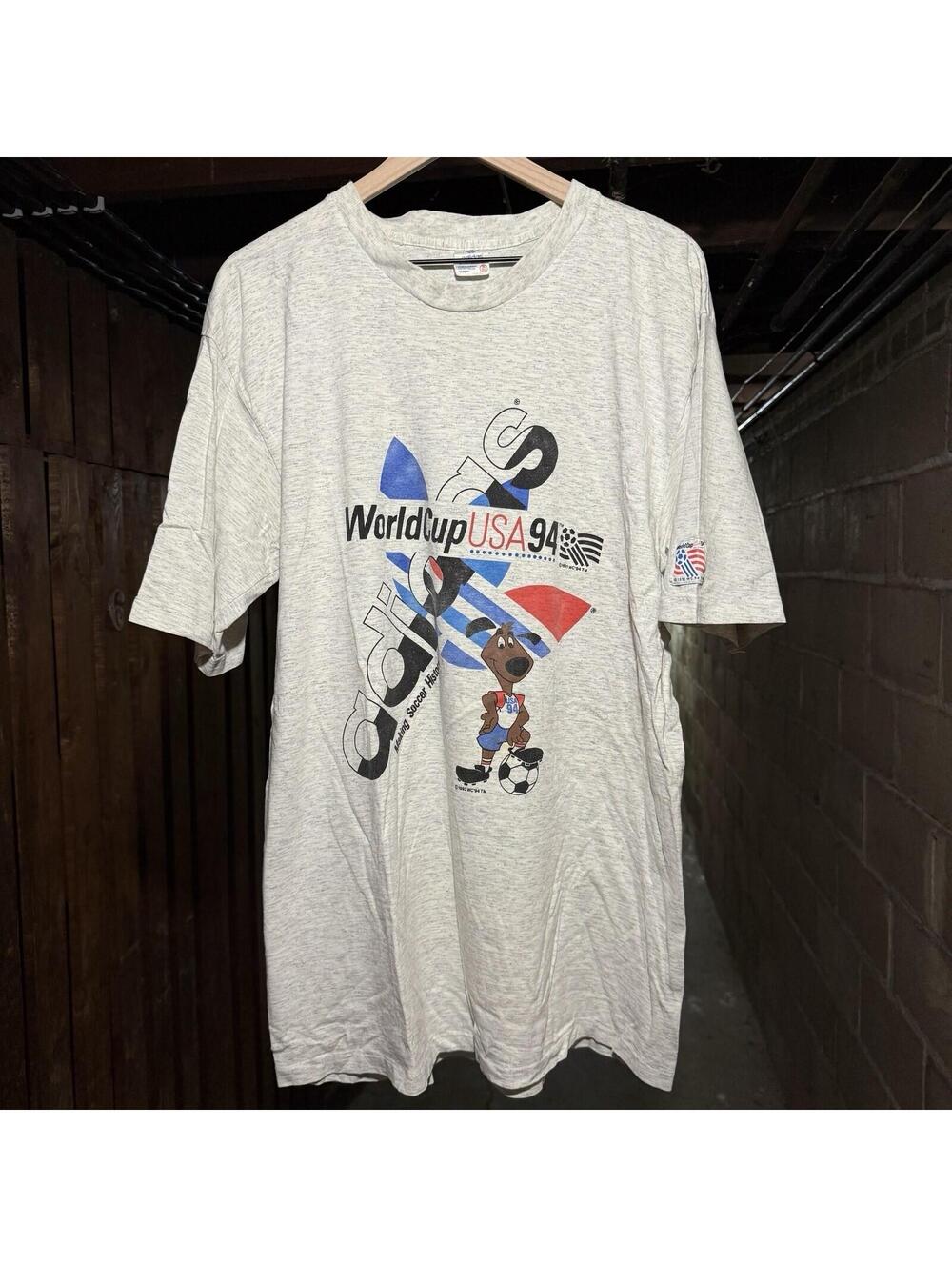 Vintage Adidas 1994 FIFA World Cup USA Tee XL Gray Trefoil Striker Mascot